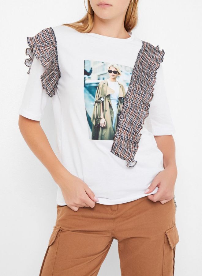 High Streets Printed Ruffle Detailed T-Shirt White  - Image 1