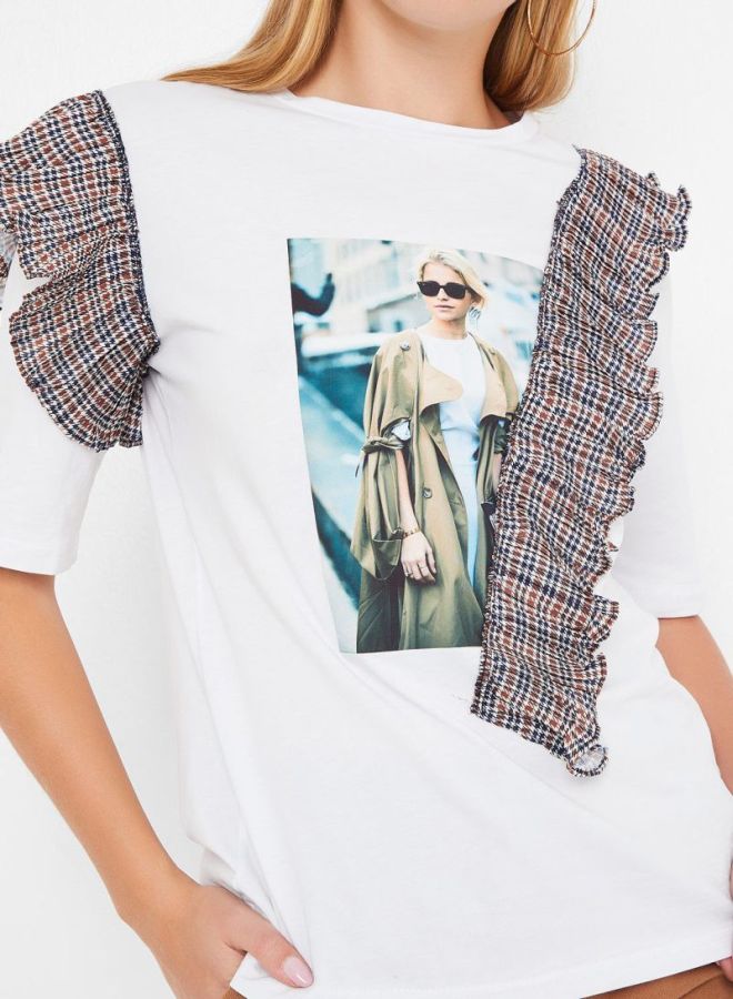 High Streets Printed Ruffle Detailed T-Shirt White  - Image 4