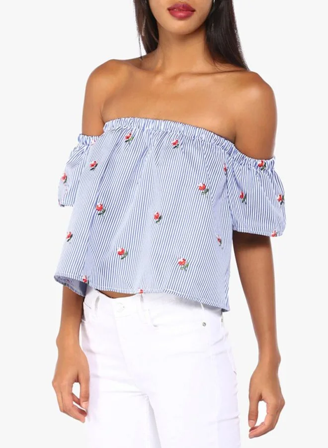 High Streets Embroided Stripe Bardot Cold Shoulder Top Blue