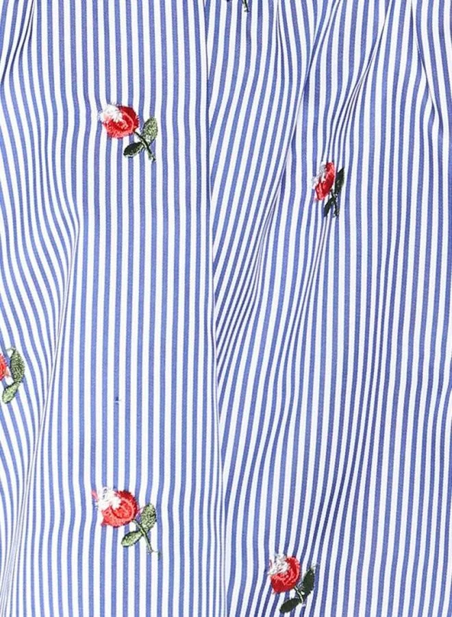 High Streets Embroided Stripe Bardot Cold Shoulder Top Blue