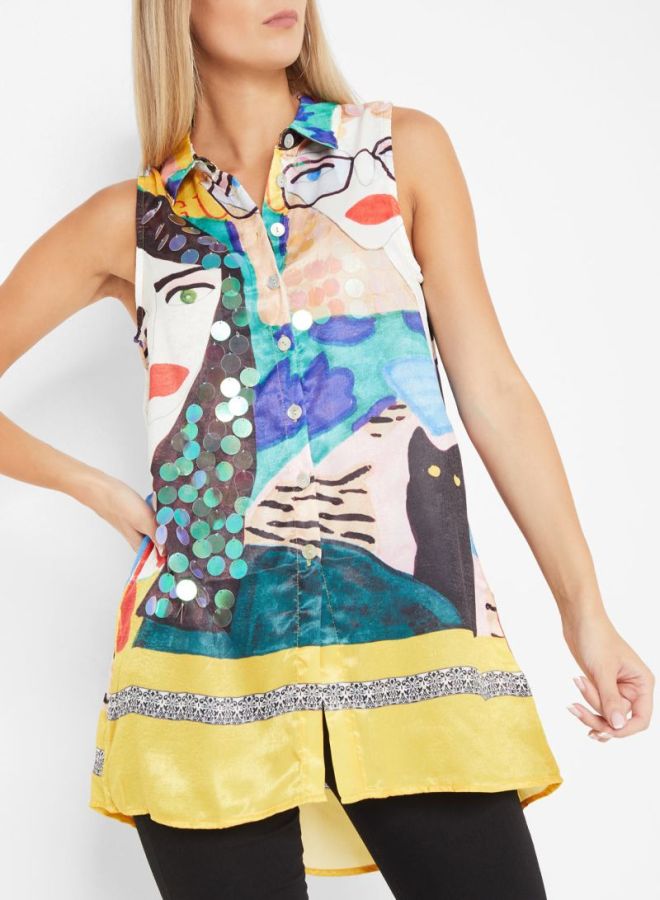 High Streets Printed Sleeveless Top Yellow/Blue - Image 1