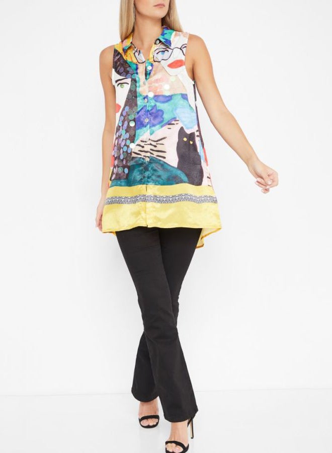 High Streets Printed Sleeveless Top Yellow/Blue - Image 3