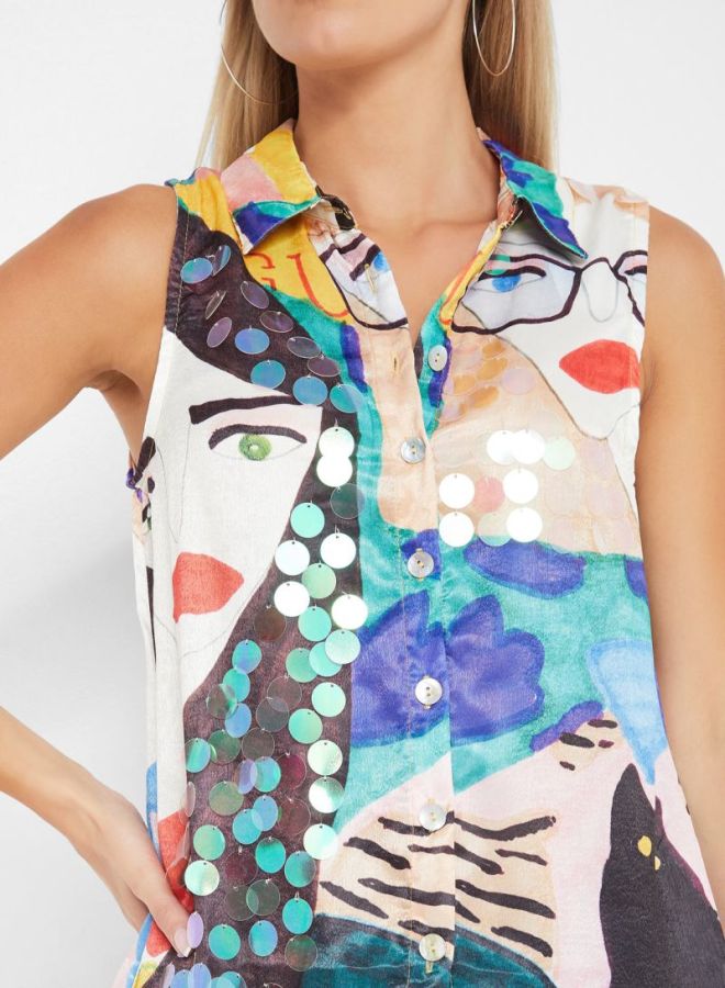 High Streets Printed Sleeveless Top Yellow/Blue - Image 4