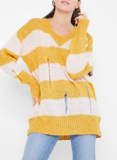 High Streets Striped Rip Detailed Sweater Yellow/White  - Image 1