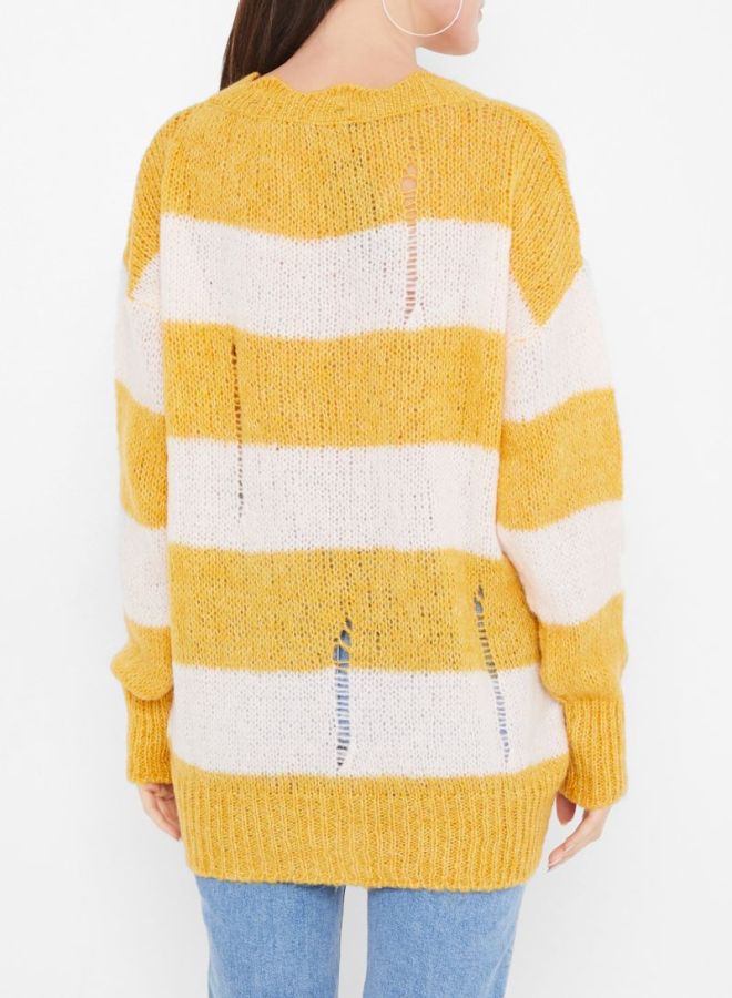 High Streets Striped Rip Detailed Sweater Yellow/White  - Image 2