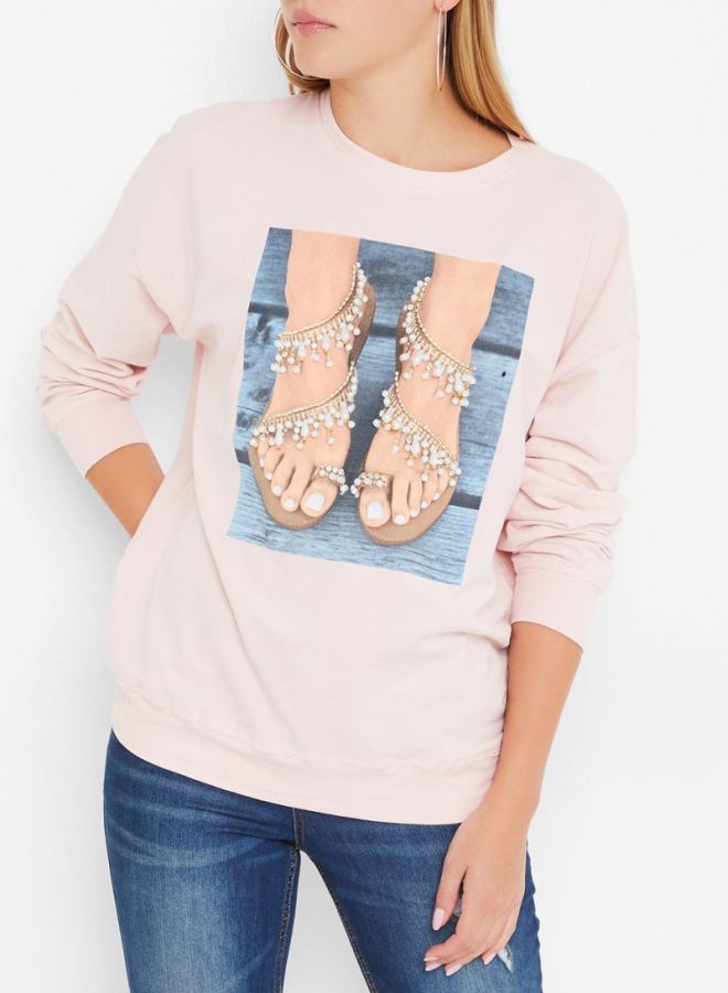 High Streets Round Neck Beaded Sweatshirt Pink  - Image 1