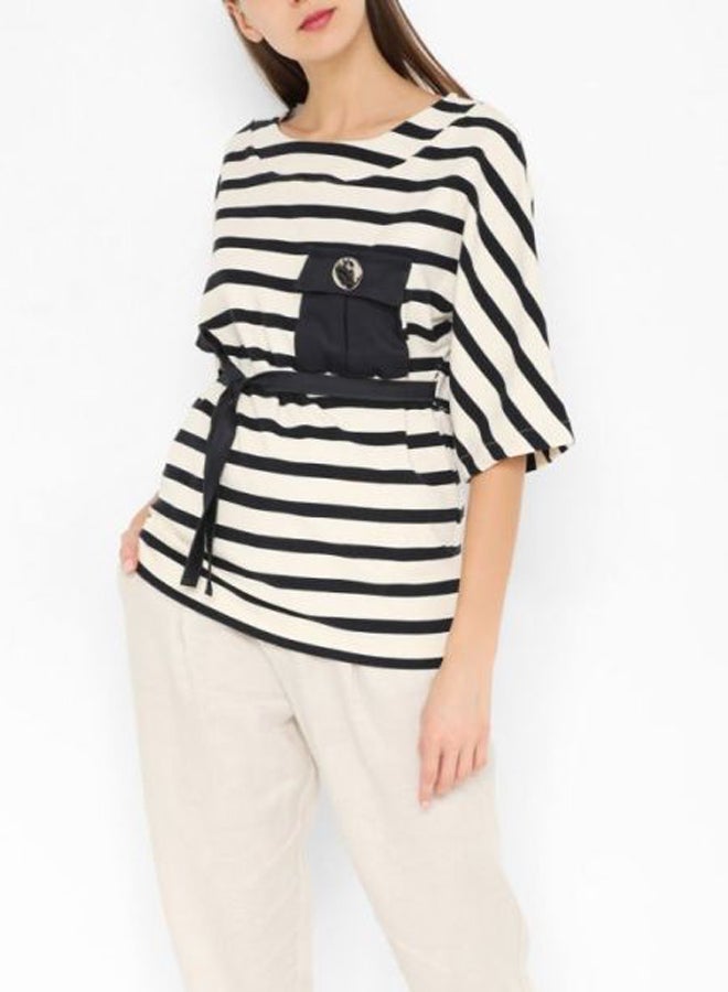 High Streets Striped Waist Tie Top White/Black  - Image 1