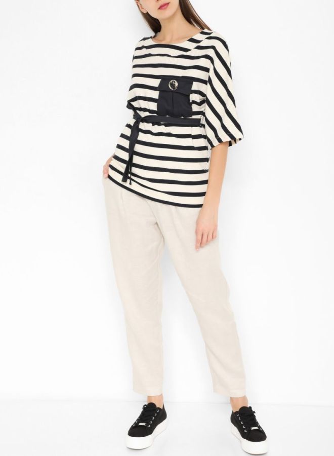 High Streets Striped Waist Tie Top White/Black  - Image 3