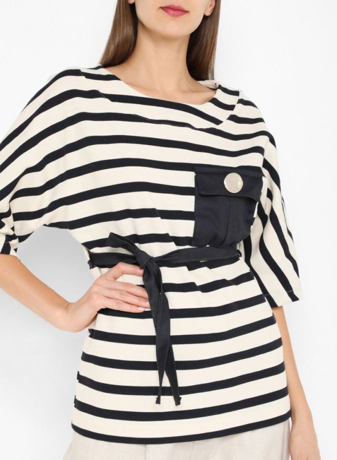 High Streets Striped Waist Tie Top White/Black  - Image 4