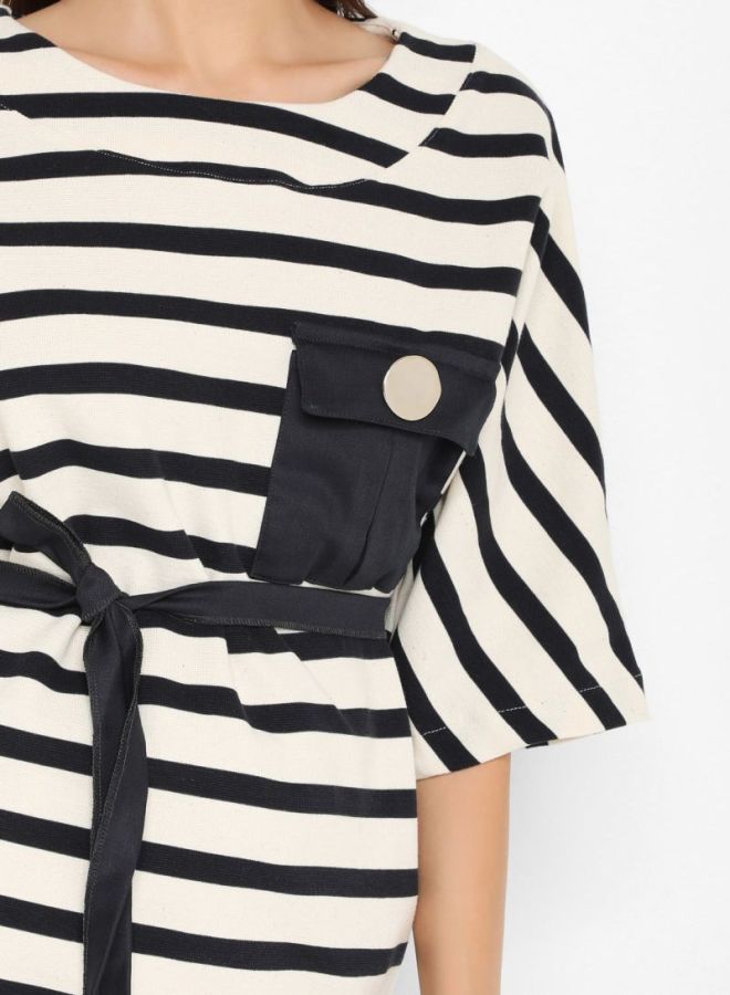 High Streets Striped Waist Tie Top White/Black  - Image 5