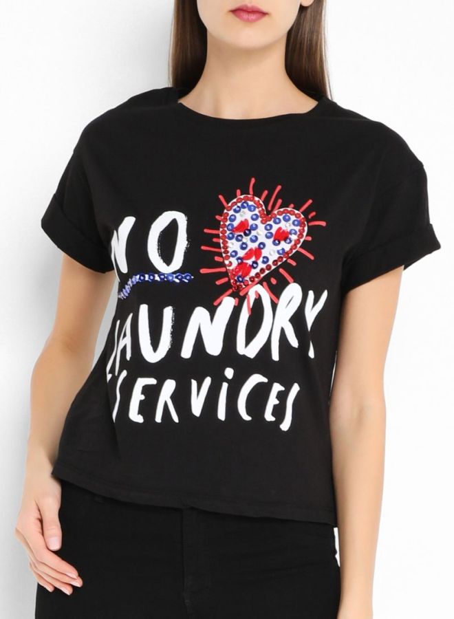 High Streets Text Printed Embellished T-Shirt Black  - Image 1