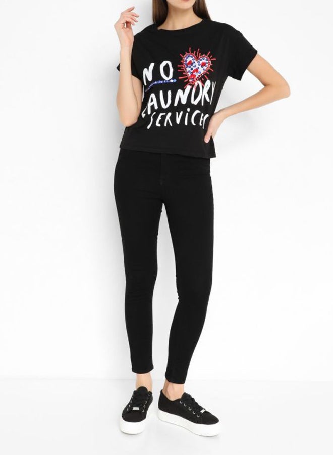 High Streets Text Printed Embellished T-Shirt Black  - Image 3