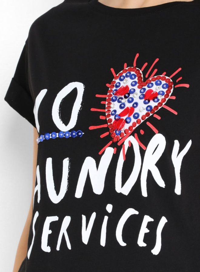 High Streets Text Printed Embellished T-Shirt Black  - Image 4
