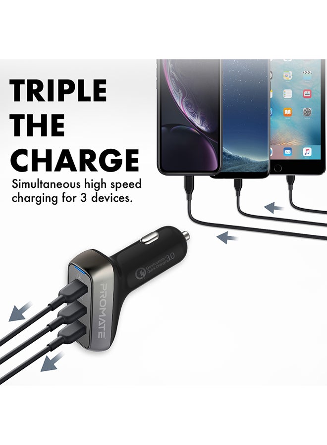 Promate Car Charger, Ultra-Fast 30W Qualcomm Quick Charge 3.0 Car Adapter with 2.4A USB Port, Adaptive Charge Technology and Over-Charge Protection Black