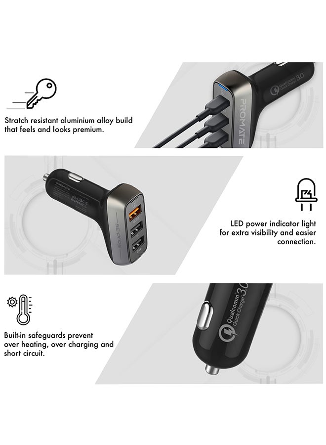 Promate Car Charger, Ultra-Fast 30W Qualcomm Quick Charge 3.0 Car Adapter with 2.4A USB Port, Adaptive Charge Technology and Over-Charge Protection Black