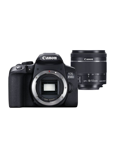 كاميرا EOS 850D DSLR بعدسة EF-S مقاس 18-55 مم بمثبت صور، وتقنية المحرك الخطوي، ومستشعر APS-C، بدقة 24.1 ميجابكسل، ومستشعر CMOS ثنائي البكسل، وخاصية البلوتوث، والواي فاي، وشاشة متغيرة الزاوية تعمل باللمس، وأفلام بجودة 4K