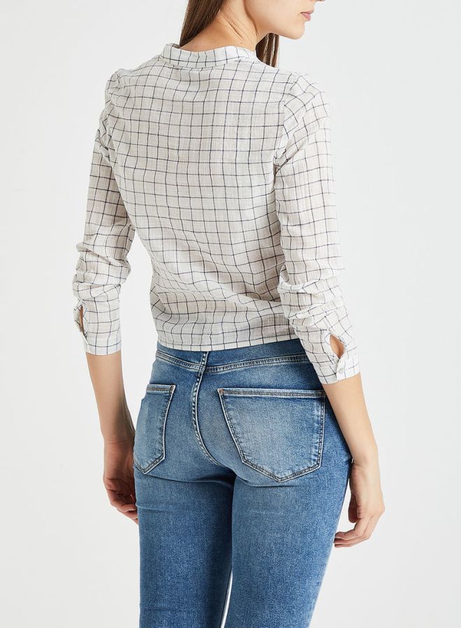 ONLY - Box Printed Front Tie Blouse White - Image 1