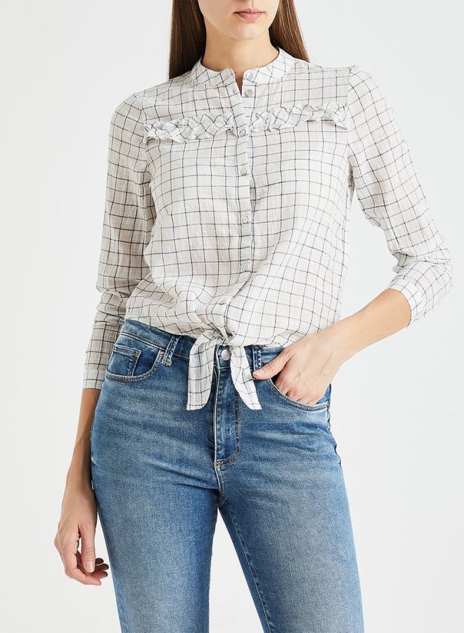 ONLY - Box Printed Front Tie Blouse White - Image 1