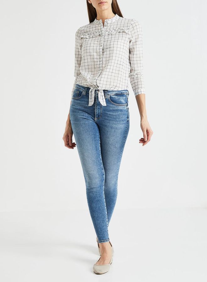 ONLY - Box Printed Front Tie Blouse White - Image 1