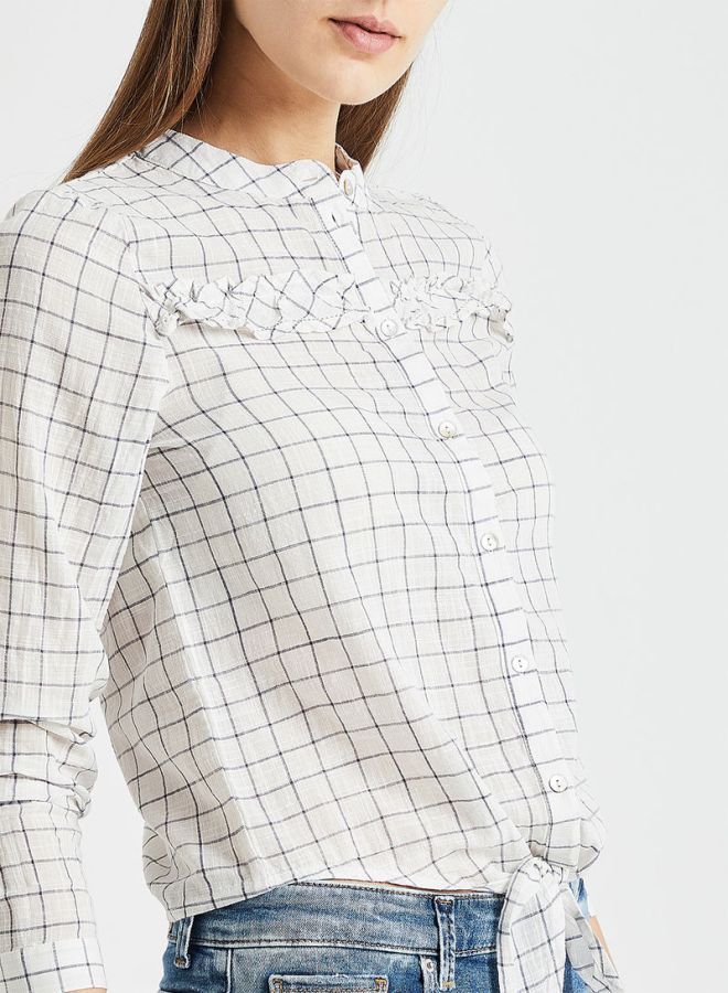 ONLY - Box Printed Front Tie Blouse White - Image 1