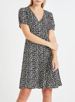 Daisy Printed V-Neck Mini Dress Black