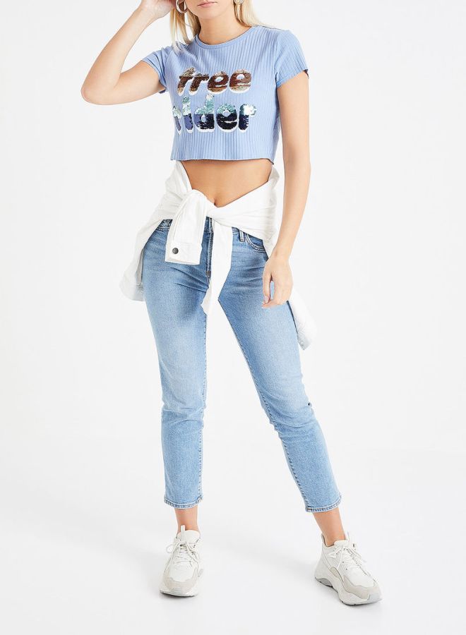 ONLY - Sequin Slogan Crop Top Blue/Black - Image 1