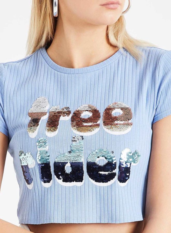 ONLY - Sequin Slogan Crop Top Blue/Black - Image 1