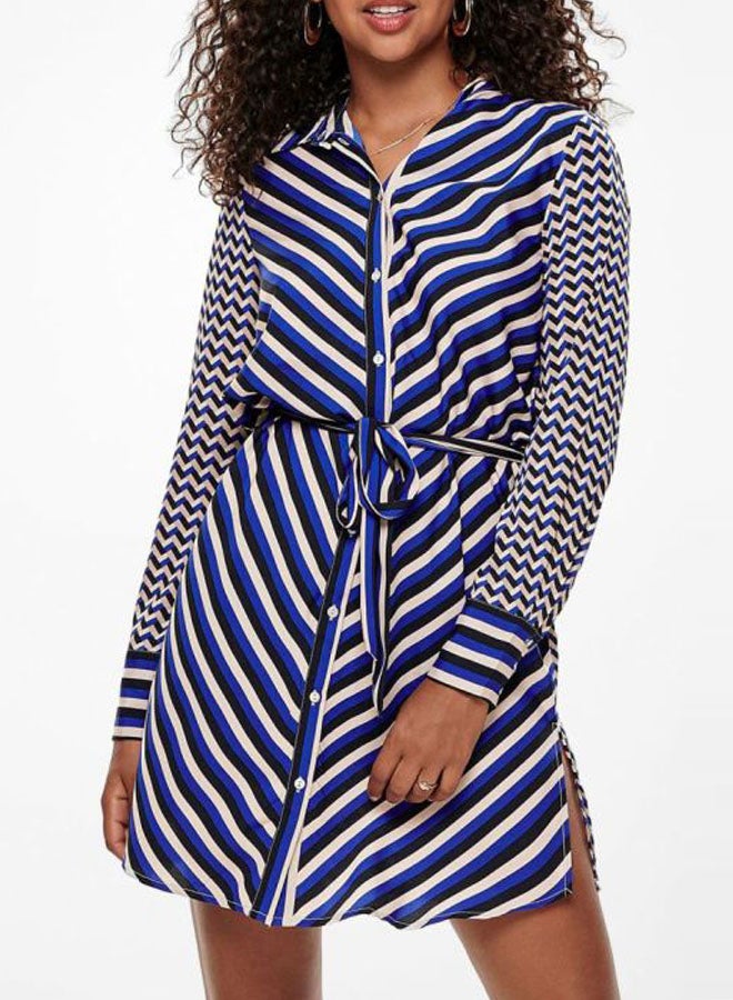 ONLY Multi Print Belted Shirt Dress Blue/White  - Image 1