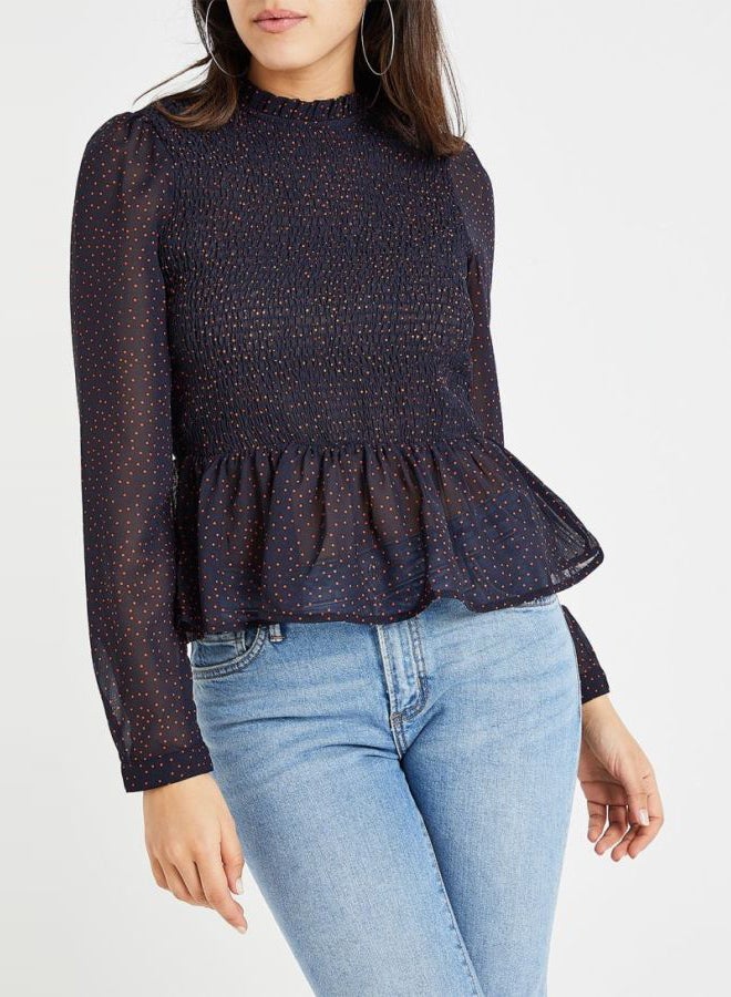 ONLY Sheer Dotted Smocked Peplum Top Navy  - Image 1