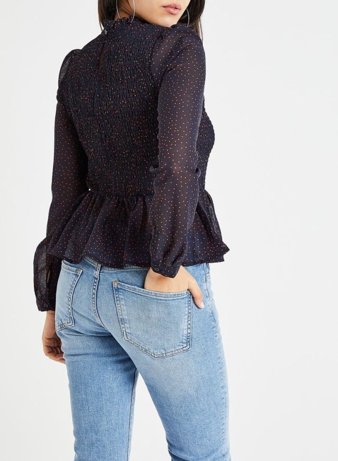 ONLY Sheer Dotted Smocked Peplum Top Navy  - Image 2