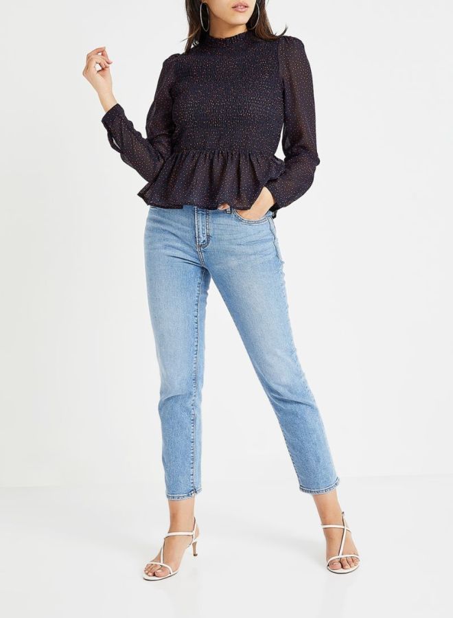 ONLY Sheer Dotted Smocked Peplum Top Navy  - Image 3