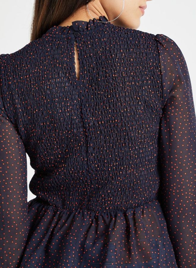 ONLY Sheer Dotted Smocked Peplum Top Navy  - Image 4