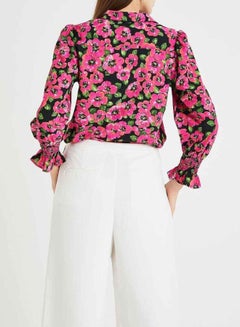 ONLY Floral Smocked Ruffle Cuff Shirt Black/Pink  - Image 2