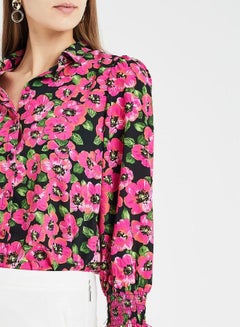 ONLY Floral Smocked Ruffle Cuff Shirt Black/Pink  - Image 5