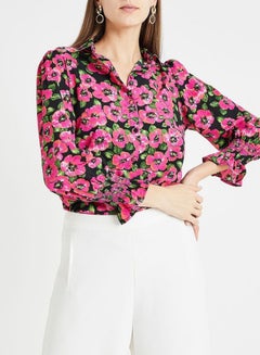 ONLY Floral Smocked Ruffle Cuff Shirt Black/Pink  - Image 4