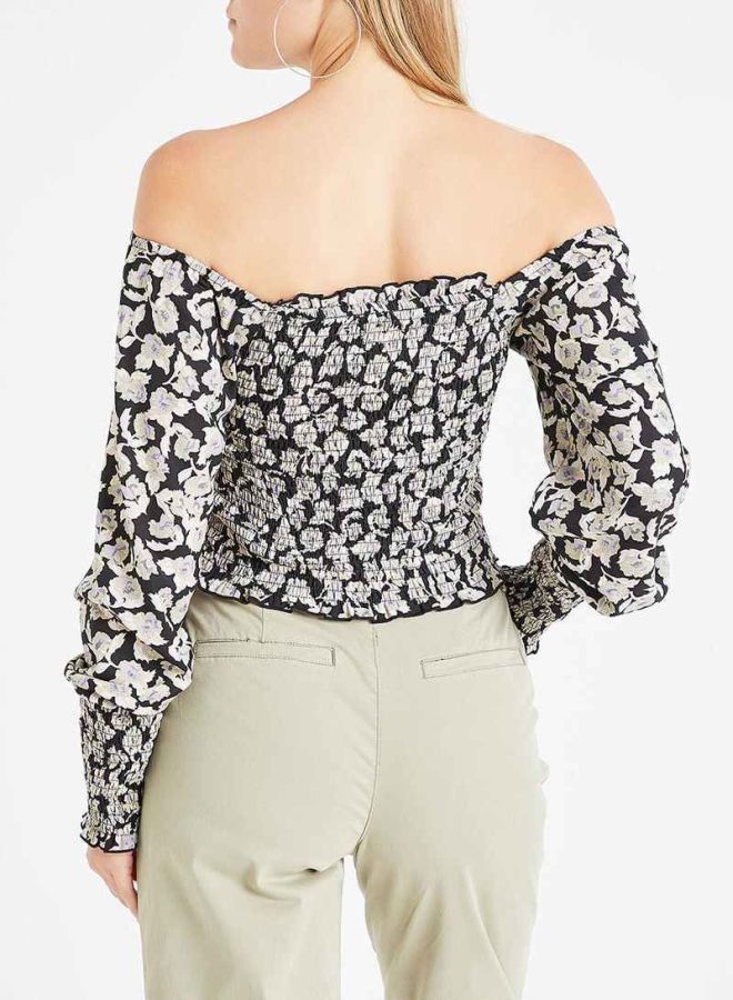 ONLY - Floral Off Shoulder Smocked Top Black/White - Image 1