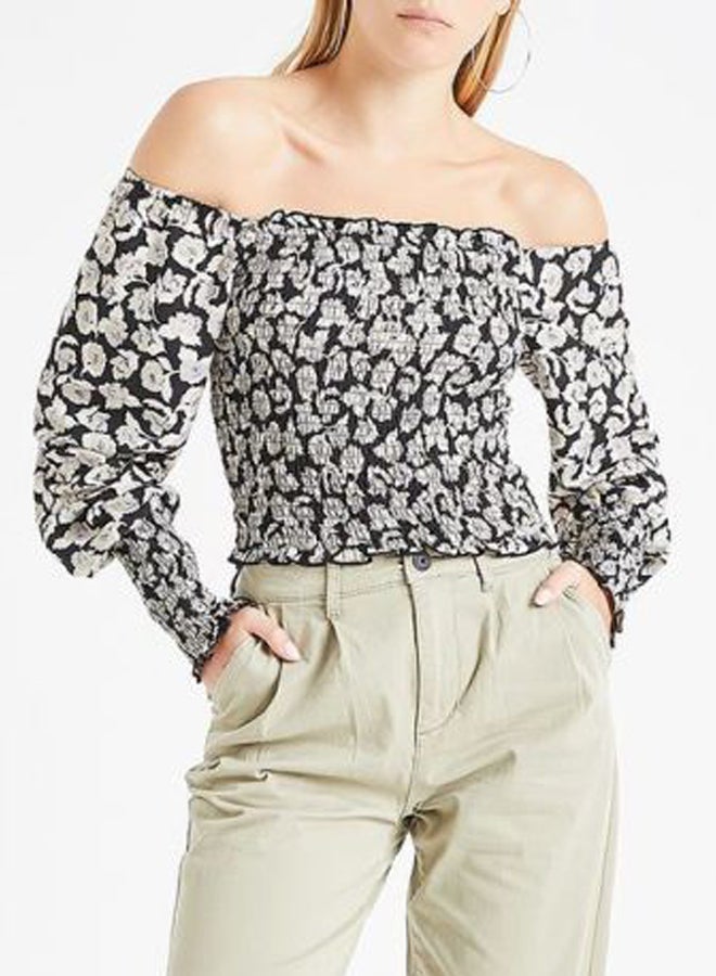 ONLY - Floral Off Shoulder Smocked Top Black/White - Image 1