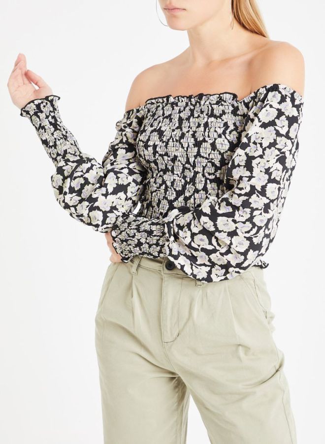 ONLY - Floral Off Shoulder Smocked Top Black/White - Image 1