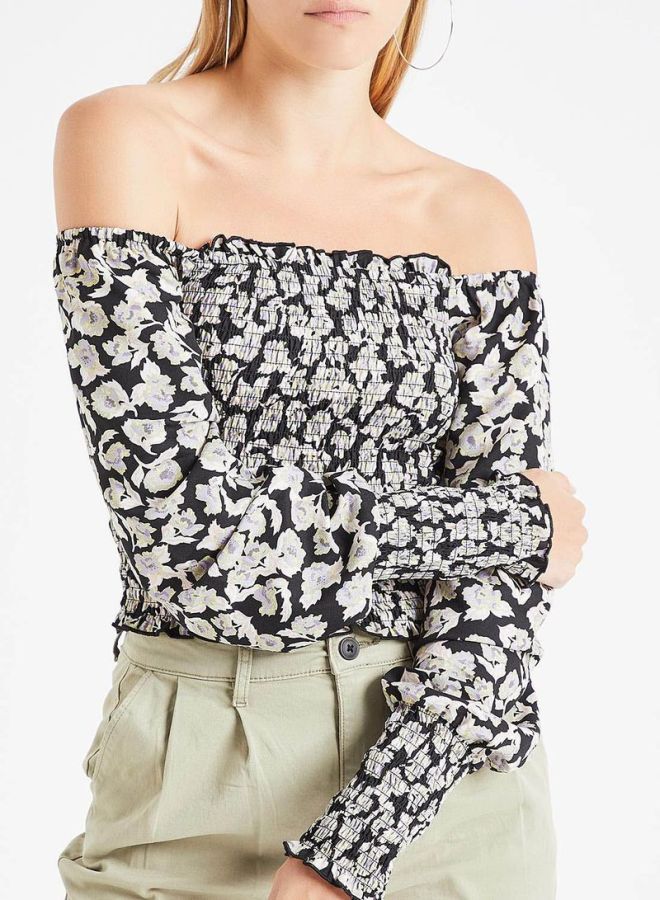ONLY - Floral Off Shoulder Smocked Top Black/White - Image 1
