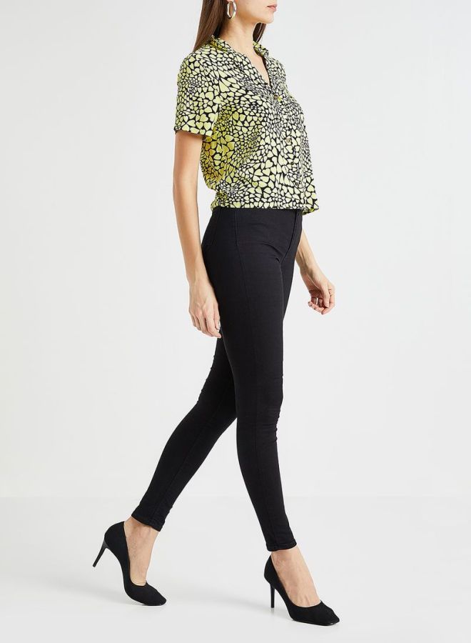 ONLY Multi Heart Print Camp Shirt Yellow/Black  - Image 3