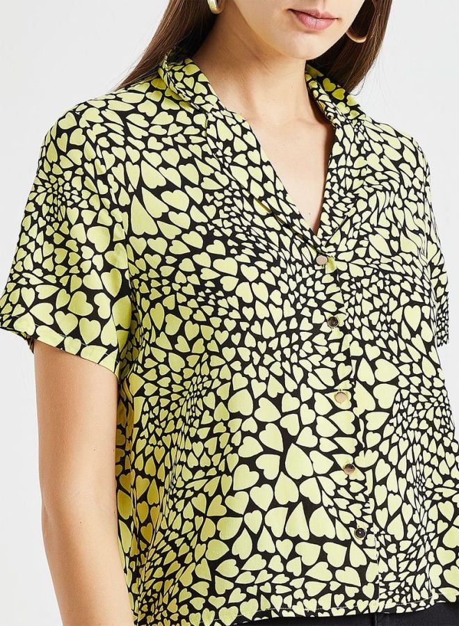 ONLY Multi Heart Print Camp Shirt Yellow/Black  - Image 4