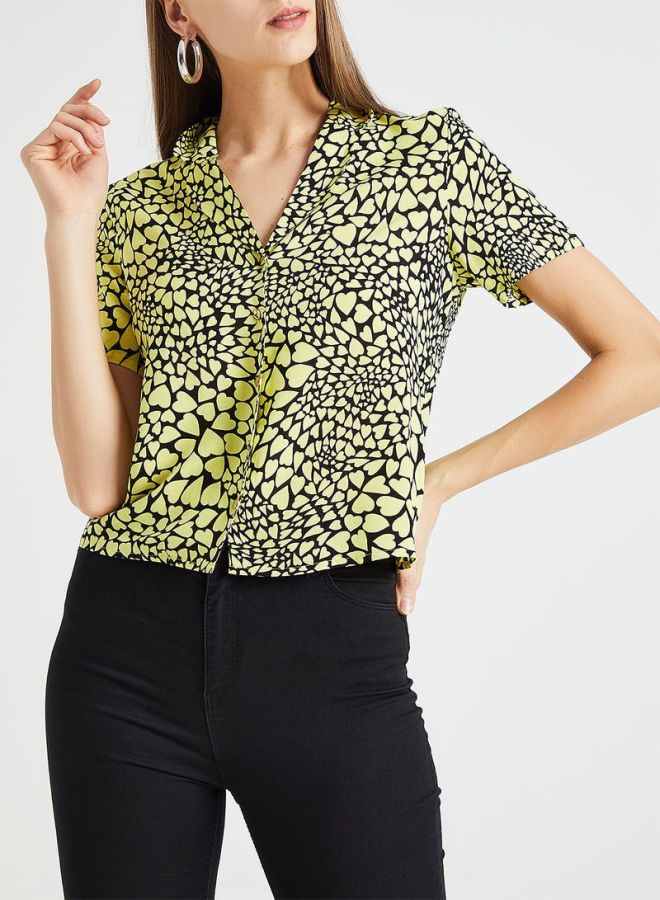 ONLY Multi Heart Print Camp Shirt Yellow/Black  - Image 1