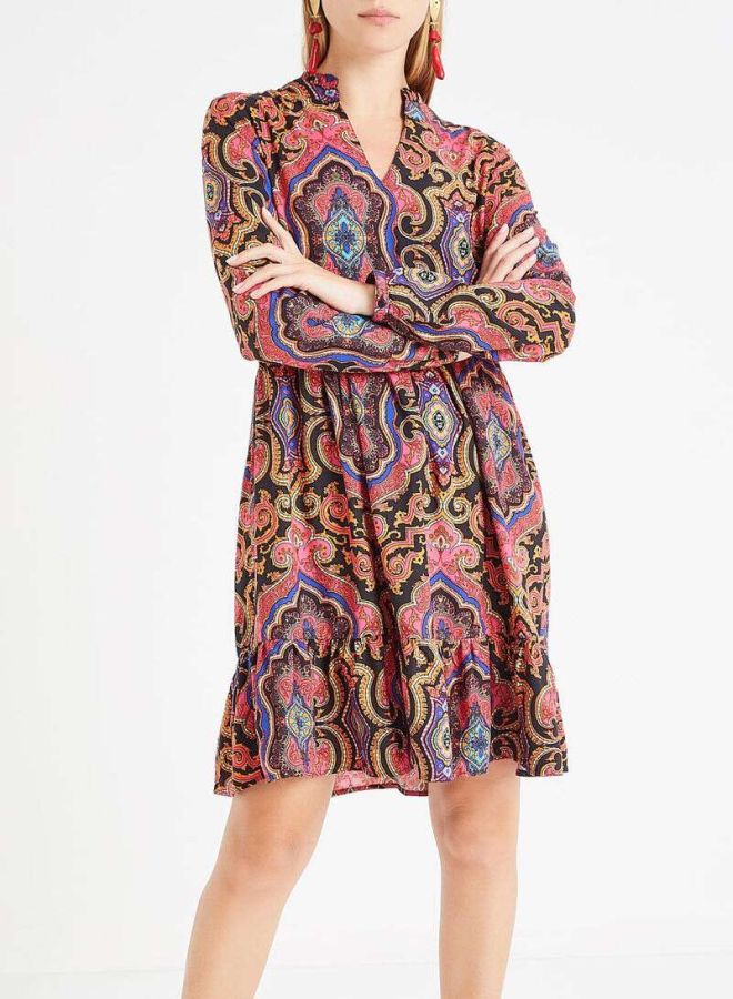 ONLY Retro Print Ruffle Hem Dress Black/Pink  - Image 1