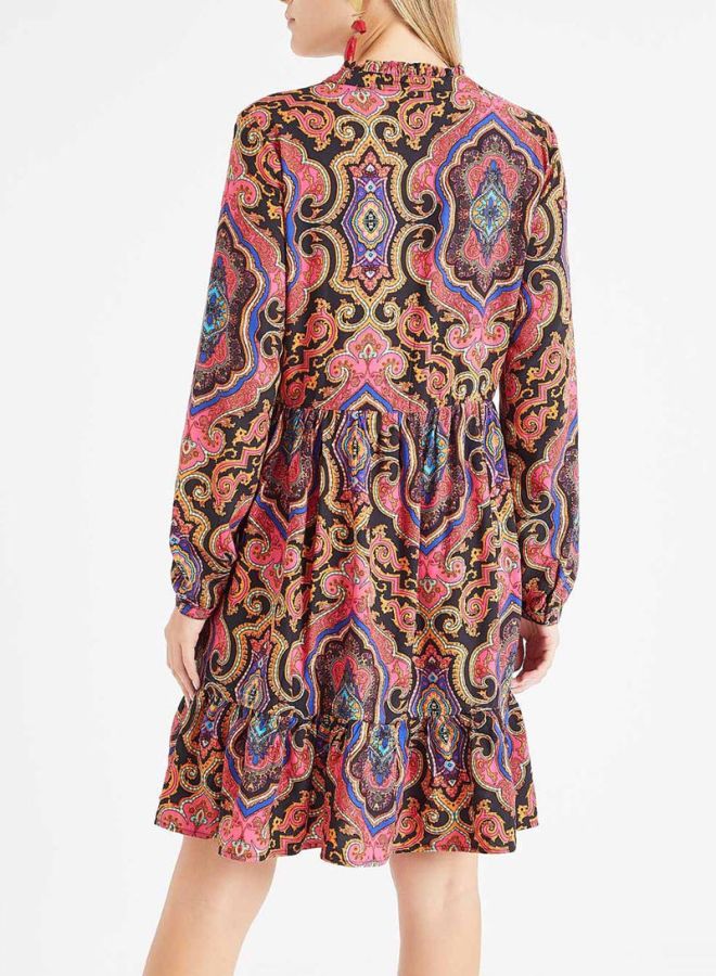 ONLY Retro Print Ruffle Hem Dress Black/Pink  - Image 2