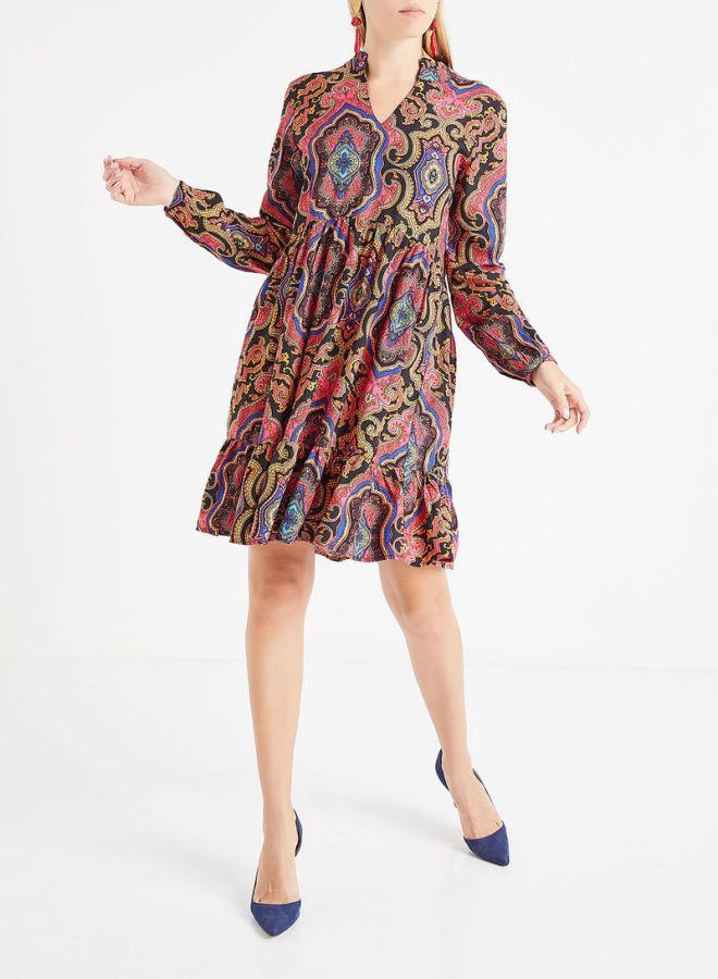 ONLY Retro Print Ruffle Hem Dress Black/Pink  - Image 3