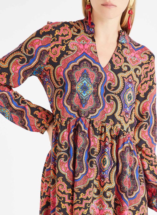 ONLY Retro Print Ruffle Hem Dress Black/Pink  - Image 4