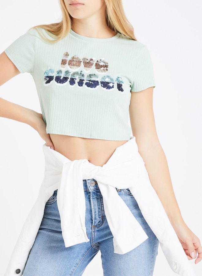 ONLY Sequin Slogan Crop Top Mint/Blue/Brown  - Image 1