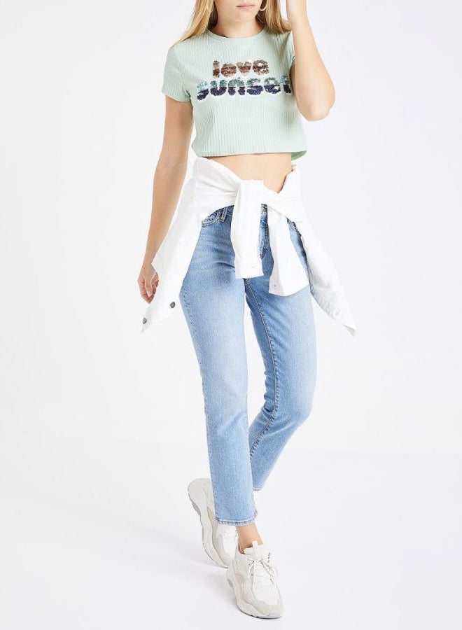 ONLY Sequin Slogan Crop Top Mint/Blue/Brown  - Image 3