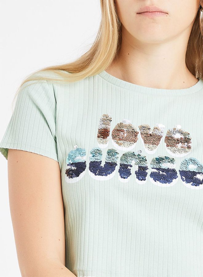 ONLY Sequin Slogan Crop Top Mint/Blue/Brown  - Image 4