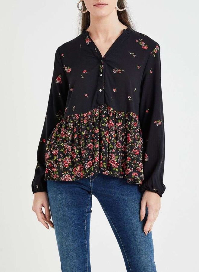 ONLY Floral Printed V-Neck Top Black/Red/Green - Image 1